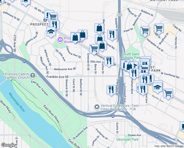 map of restaurants, bars, coffee shops, grocery stores, and more near 2564 Franklin Avenue in Saint Paul