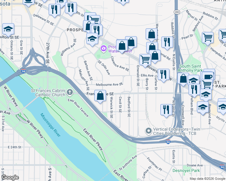 map of restaurants, bars, coffee shops, grocery stores, and more near 57 Melbourne Avenue Southeast in Minneapolis