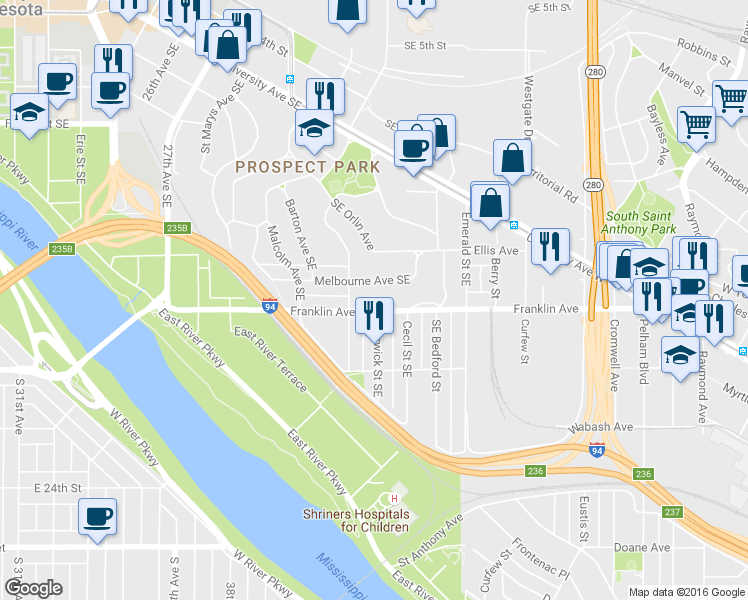 map of restaurants, bars, coffee shops, grocery stores, and more near 57 Melbourne Avenue Southeast in Minneapolis