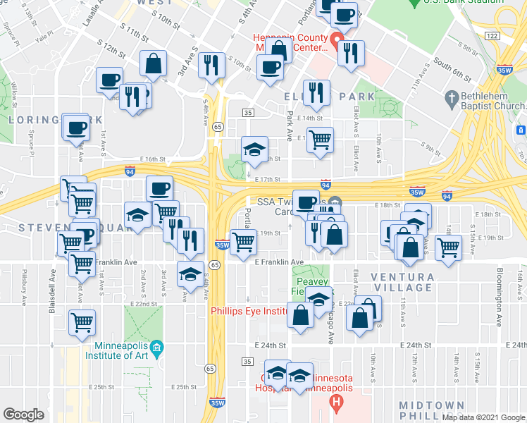 map of restaurants, bars, coffee shops, grocery stores, and more near 613 East 18th Street in Minneapolis