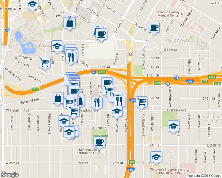 map of restaurants, bars, coffee shops, grocery stores, and more near 1728 3rd Avenue South in Minneapolis