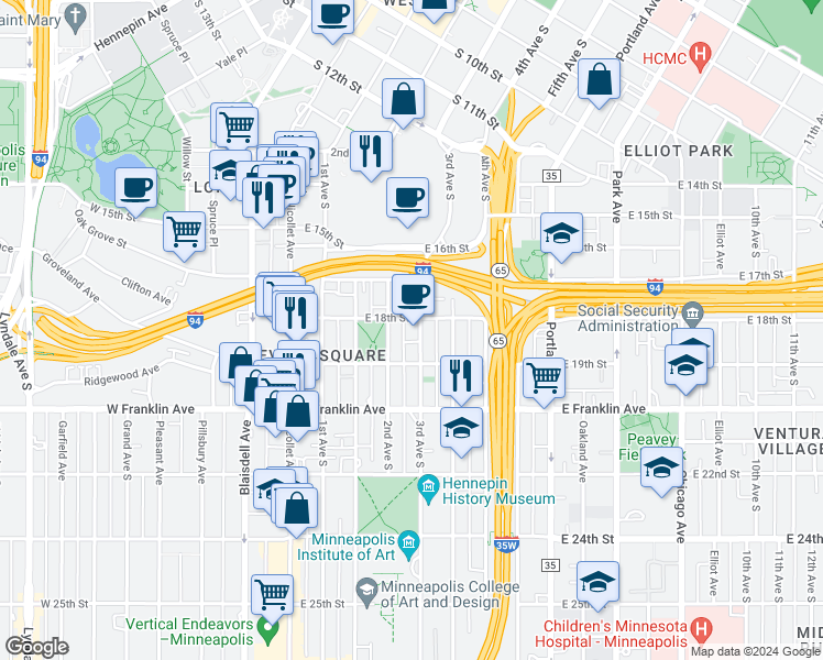 map of restaurants, bars, coffee shops, grocery stores, and more near 1728 3rd Avenue South in Minneapolis