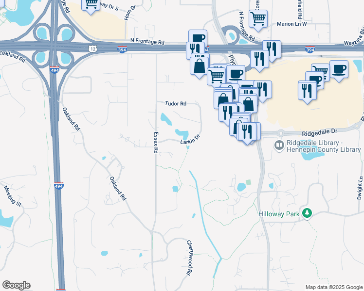map of restaurants, bars, coffee shops, grocery stores, and more near 13514 Larkin Drive in Hopkins