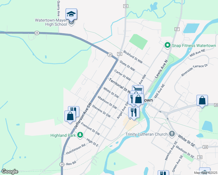 map of restaurants, bars, coffee shops, grocery stores, and more near 100 Territorial Street West in Watertown