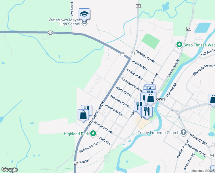 map of restaurants, bars, coffee shops, grocery stores, and more near 505 White Street Southwest in Watertown