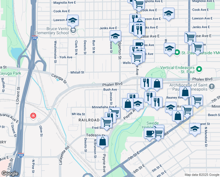 map of restaurants, bars, coffee shops, grocery stores, and more near 533 Phalen Boulevard in Saint Paul