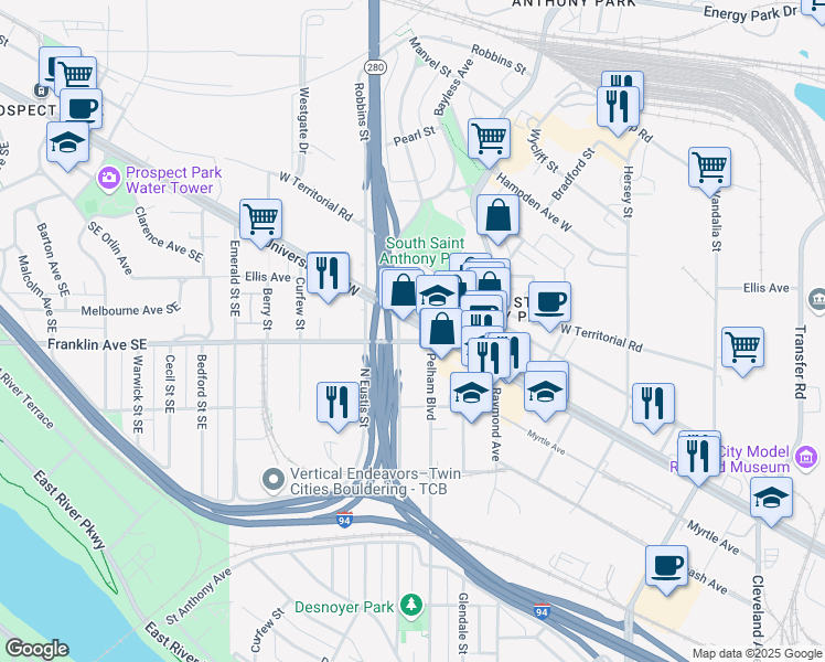 map of restaurants, bars, coffee shops, grocery stores, and more near 2505 University Ave W in St Paul