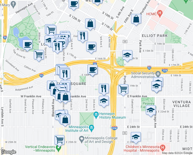 map of restaurants, bars, coffee shops, grocery stores, and more near 1728 3rd Avenue South in Minneapolis