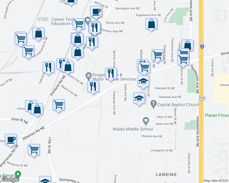 map of restaurants, bars, coffee shops, grocery stores, and more near 4085 Evergreen Avenue Northeast in Salem