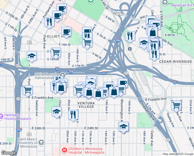 map of restaurants, bars, coffee shops, grocery stores, and more near 1803 13th Avenue South in Minneapolis