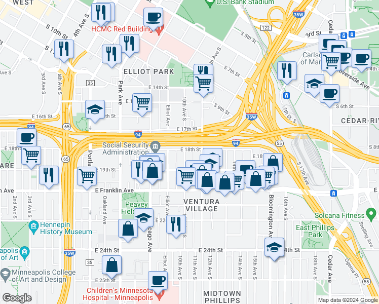 map of restaurants, bars, coffee shops, grocery stores, and more near 1801 1/2 10th Avenue South in Minneapolis