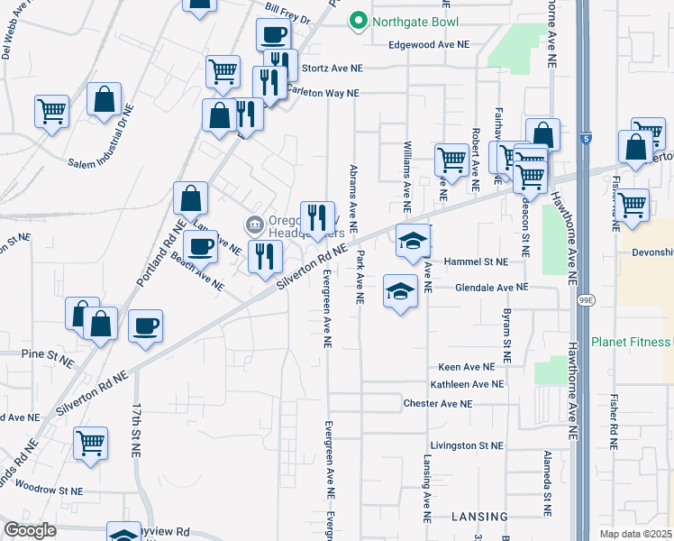 map of restaurants, bars, coffee shops, grocery stores, and more near 2660 Silverton Road Northeast in Salem