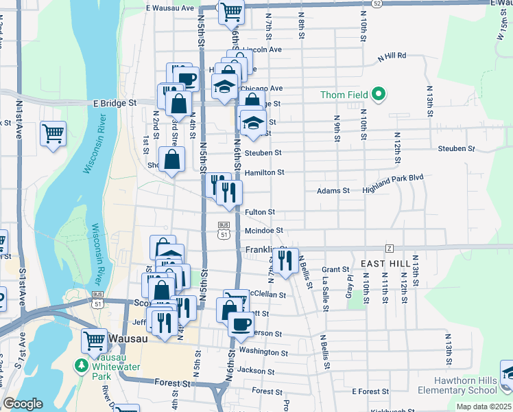 map of restaurants, bars, coffee shops, grocery stores, and more near 619 Adams Street in Wausau