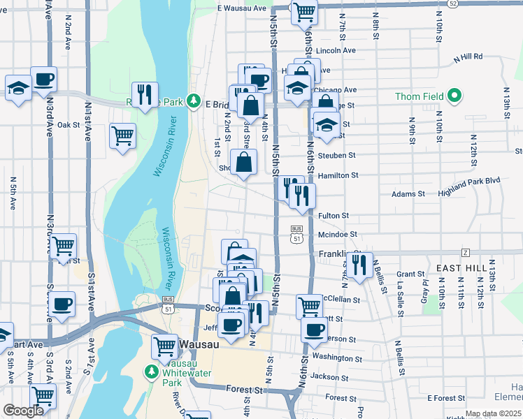 map of restaurants, bars, coffee shops, grocery stores, and more near 1009 N 3rd Street in Wausau