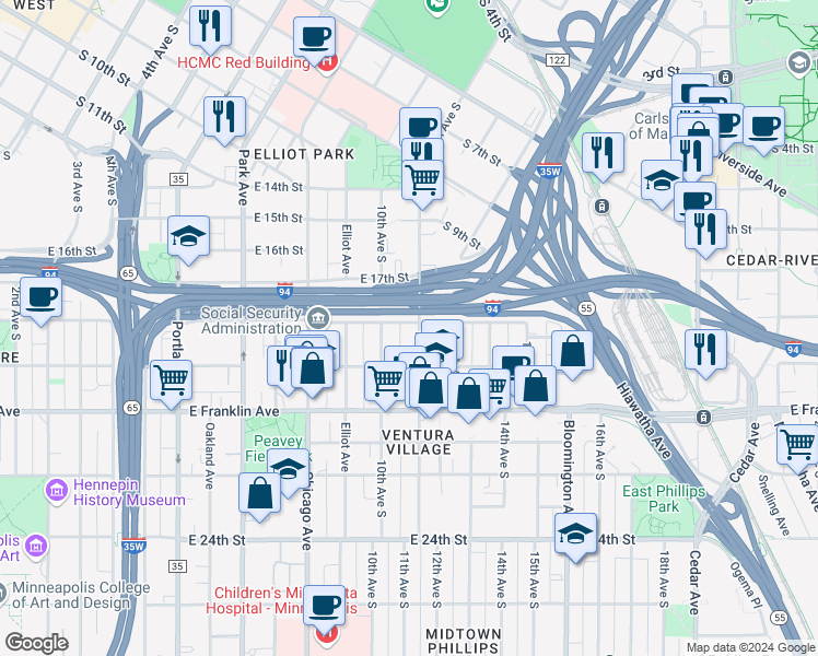 map of restaurants, bars, coffee shops, grocery stores, and more near 1801 11th Avenue South in Minneapolis