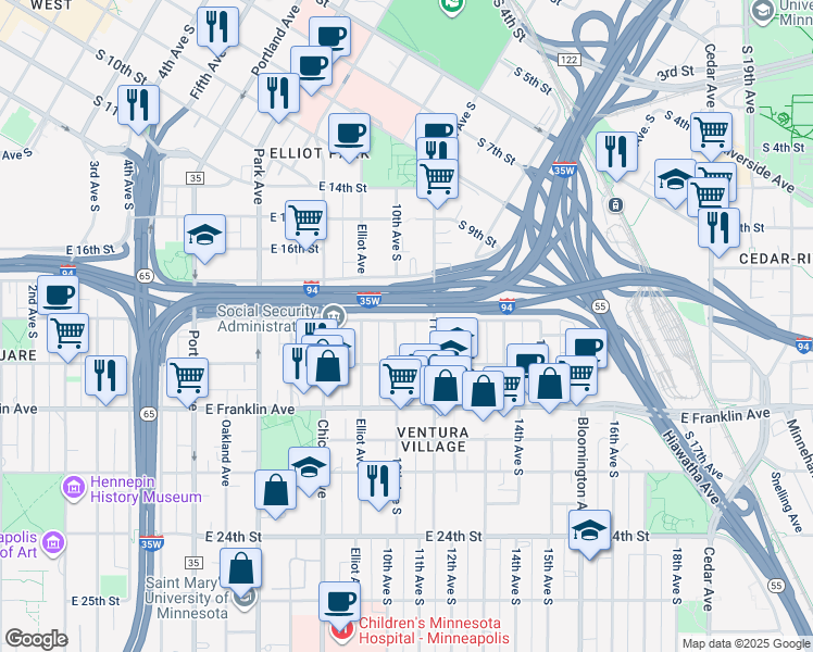 map of restaurants, bars, coffee shops, grocery stores, and more near 1801 1/2 10th Avenue South in Minneapolis