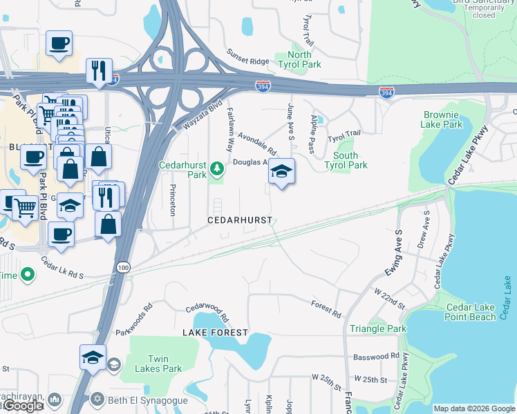 map of restaurants, bars, coffee shops, grocery stores, and more near 4418 Cedar Lake Road in Minneapolis
