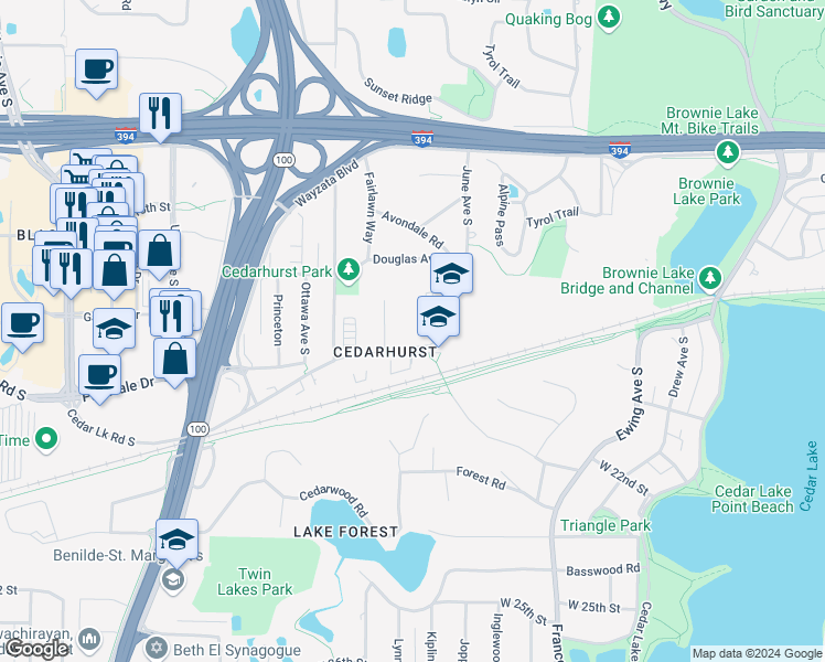 map of restaurants, bars, coffee shops, grocery stores, and more near 4418 Cedar Lake Road in Minneapolis