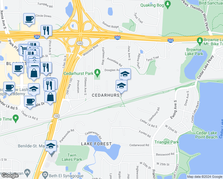 map of restaurants, bars, coffee shops, grocery stores, and more near 4418 Cedar Lake Road in Minneapolis