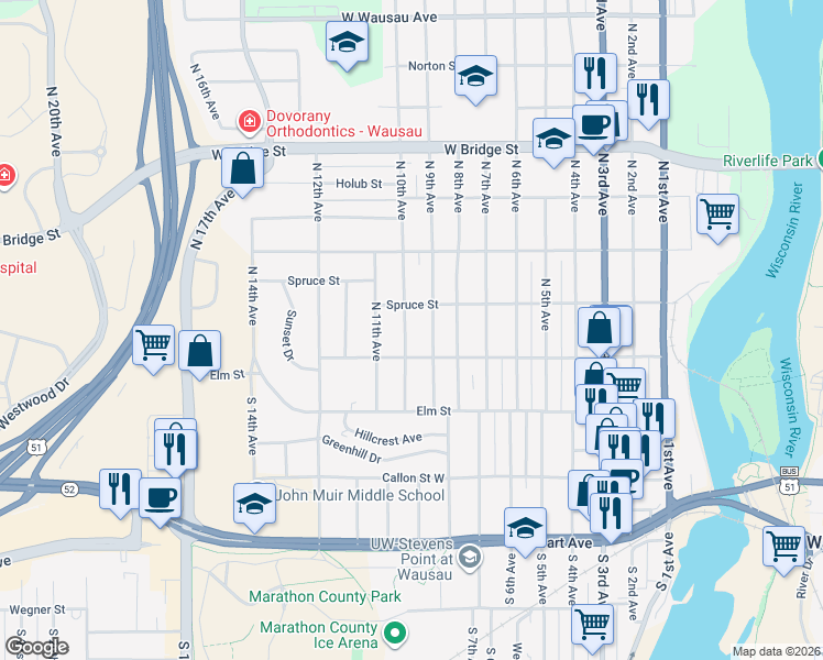 map of restaurants, bars, coffee shops, grocery stores, and more near 230 North 10th Avenue in Wausau