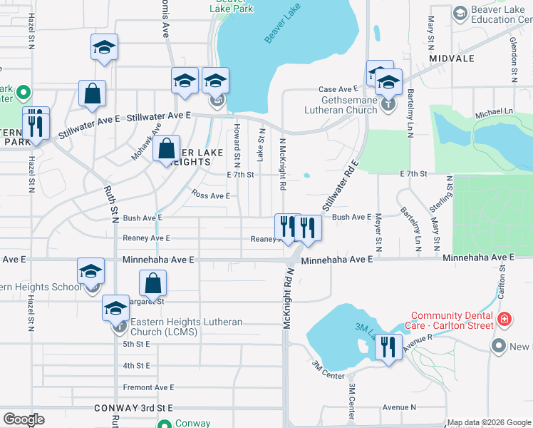 map of restaurants, bars, coffee shops, grocery stores, and more near 802 Lake Street North in Saint Paul