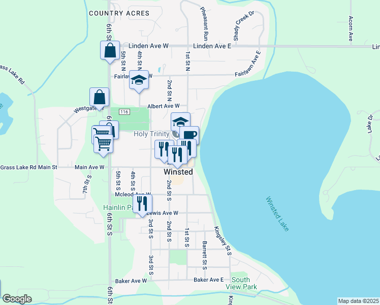 map of restaurants, bars, coffee shops, grocery stores, and more near 181 1st Street North in Winsted