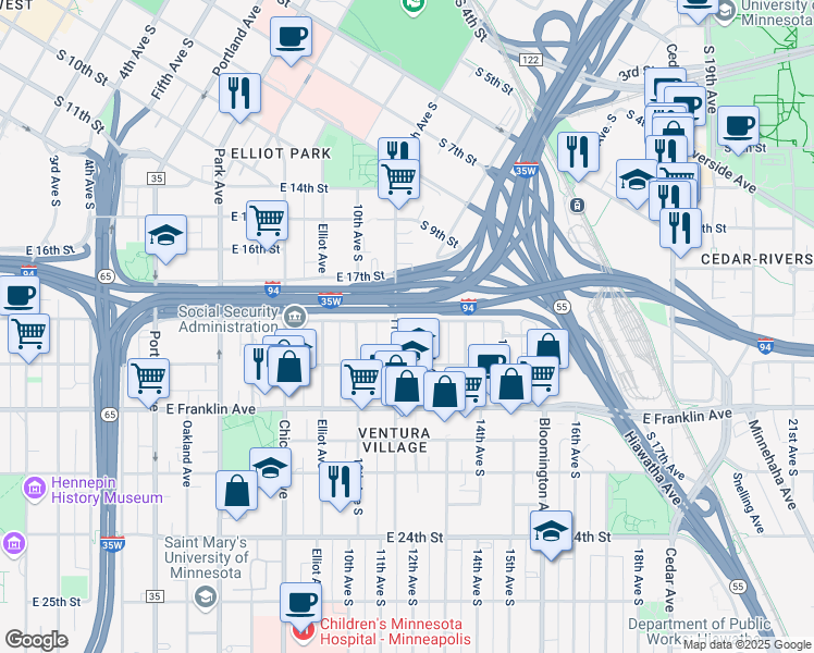 map of restaurants, bars, coffee shops, grocery stores, and more near 1801 11th Avenue South in Minneapolis
