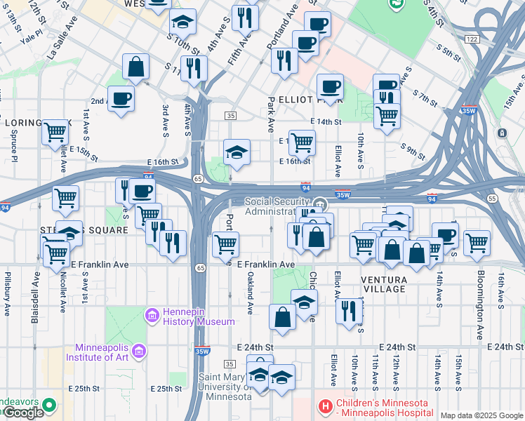 map of restaurants, bars, coffee shops, grocery stores, and more near 639 East 18th Street in Minneapolis