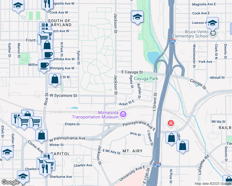 map of restaurants, bars, coffee shops, grocery stores, and more near Jackson St & E Sycamore St in St Paul
