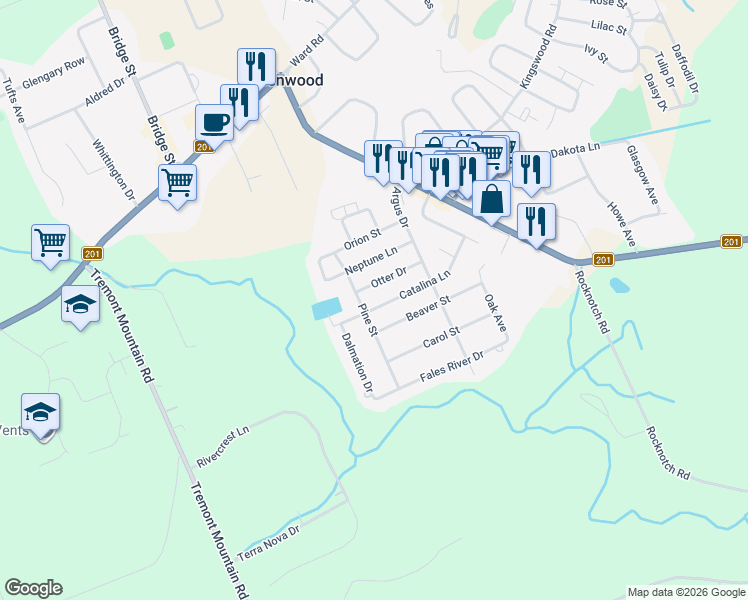 map of restaurants, bars, coffee shops, grocery stores, and more near 827 Otter Drive in Greenwood