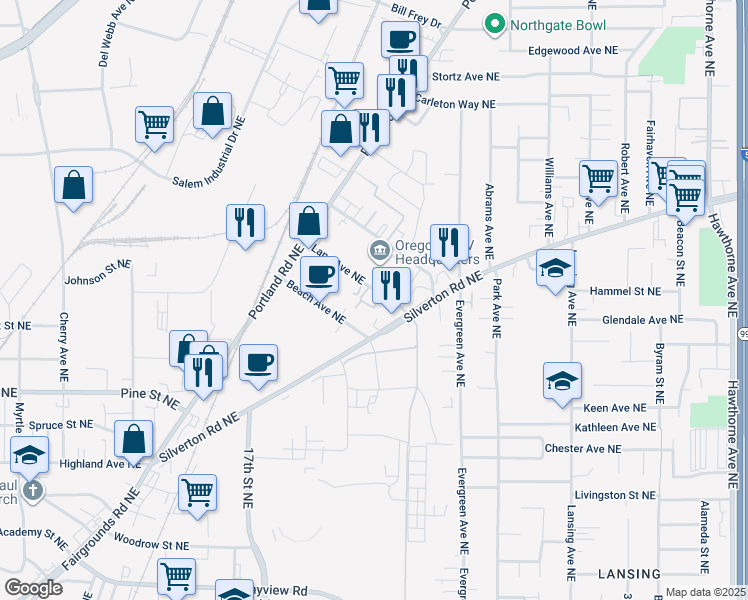 map of restaurants, bars, coffee shops, grocery stores, and more near 1940 Lana Avenue Northeast in Salem