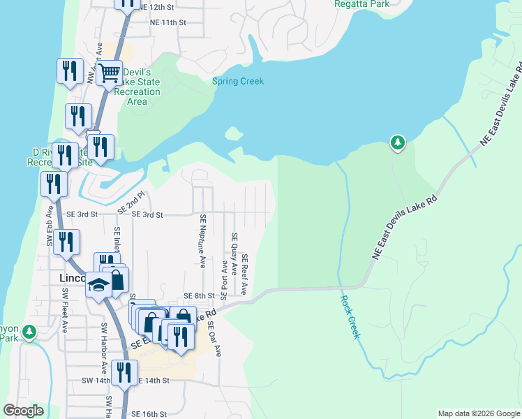 map of restaurants, bars, coffee shops, grocery stores, and more near 230 Southeast Tide Avenue in Lincoln City