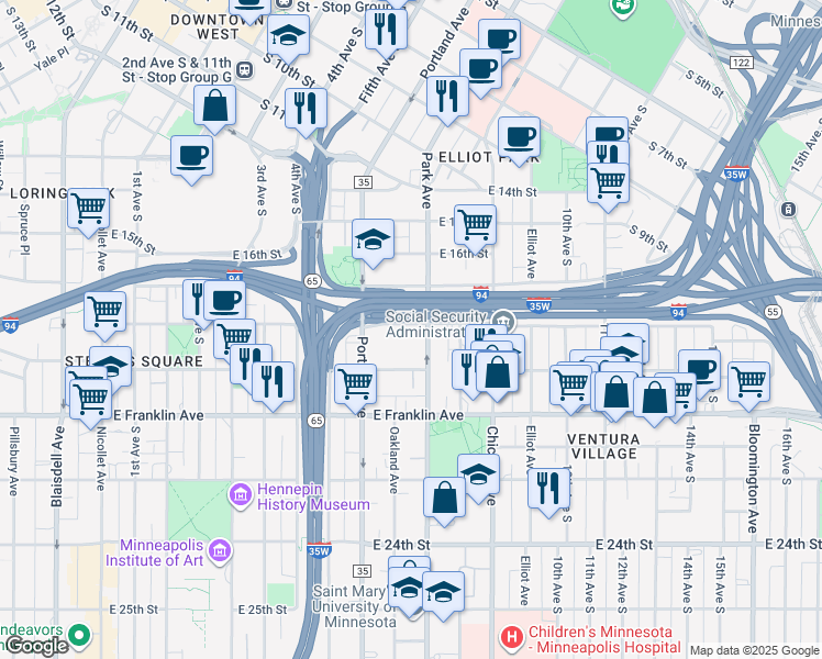 map of restaurants, bars, coffee shops, grocery stores, and more near 639 East 18th Street in Minneapolis