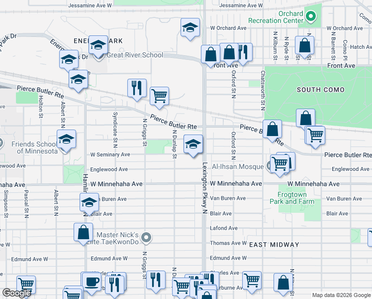 map of restaurants, bars, coffee shops, grocery stores, and more near 1142 Hubbard Avenue in Saint Paul