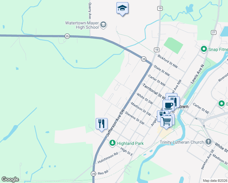 map of restaurants, bars, coffee shops, grocery stores, and more near 605 Stevens Street Southwest in Watertown