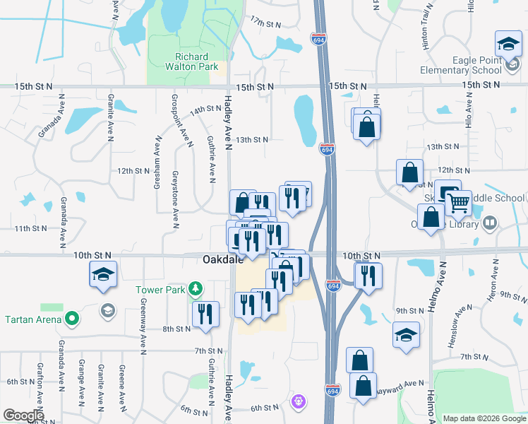 map of restaurants, bars, coffee shops, grocery stores, and more near 7088 11th Street North in Oakdale