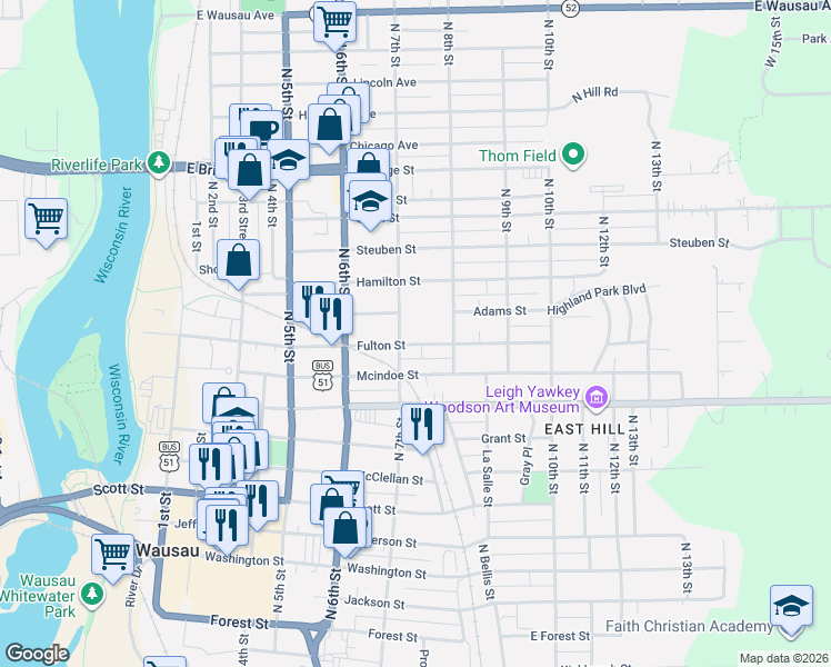 map of restaurants, bars, coffee shops, grocery stores, and more near 706 Fulton Street in Wausau