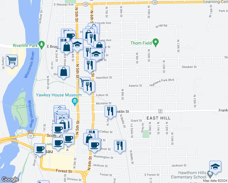 map of restaurants, bars, coffee shops, grocery stores, and more near in Wausau