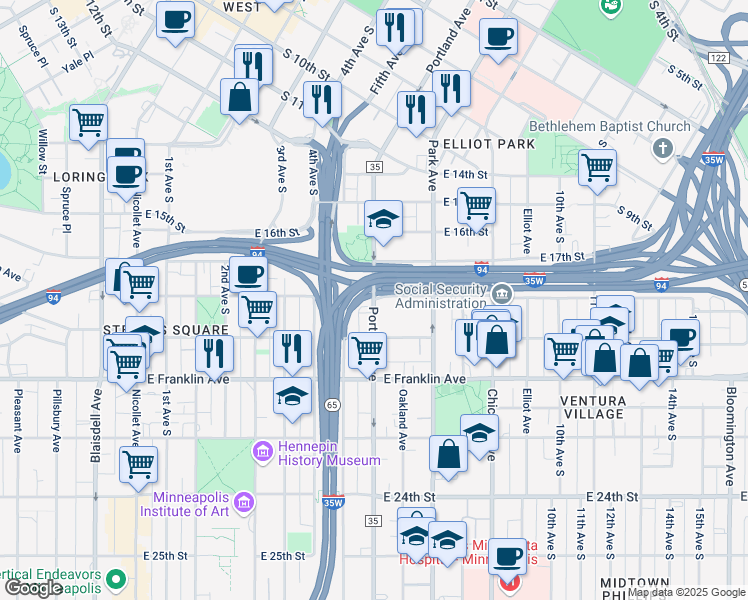 map of restaurants, bars, coffee shops, grocery stores, and more near Portland Avenue & East 18th Street in Minneapolis