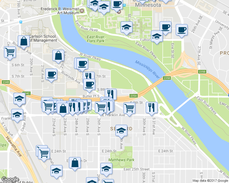 map of restaurants, bars, coffee shops, grocery stores, and more near 2711 South 8th Street in Minneapolis