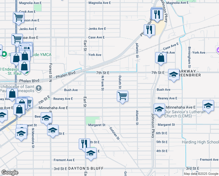 map of restaurants, bars, coffee shops, grocery stores, and more near 1141 Bush Avenue in Saint Paul