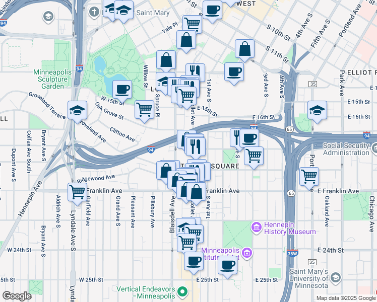 map of restaurants, bars, coffee shops, grocery stores, and more near 1725 Nicollet Avenue in Minneapolis