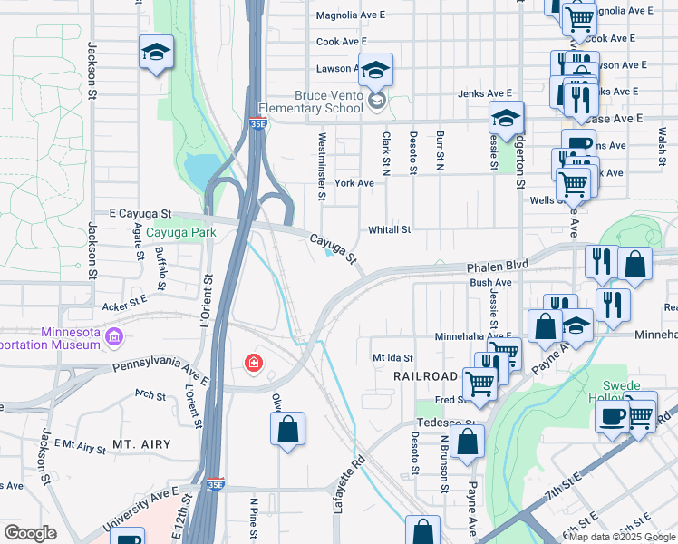 map of restaurants, bars, coffee shops, grocery stores, and more near 401 Phalen Blvd in St Paul