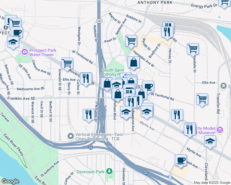 map of restaurants, bars, coffee shops, grocery stores, and more near 2459 University Avenue West in Saint Paul