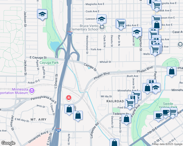 map of restaurants, bars, coffee shops, grocery stores, and more near 762 Cayuga St in St Paul