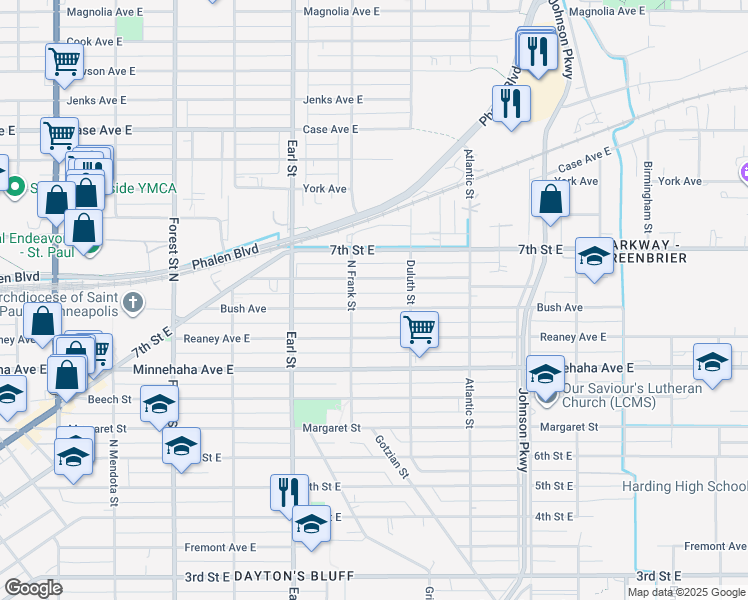 map of restaurants, bars, coffee shops, grocery stores, and more near 1134 Ross Avenue in Saint Paul