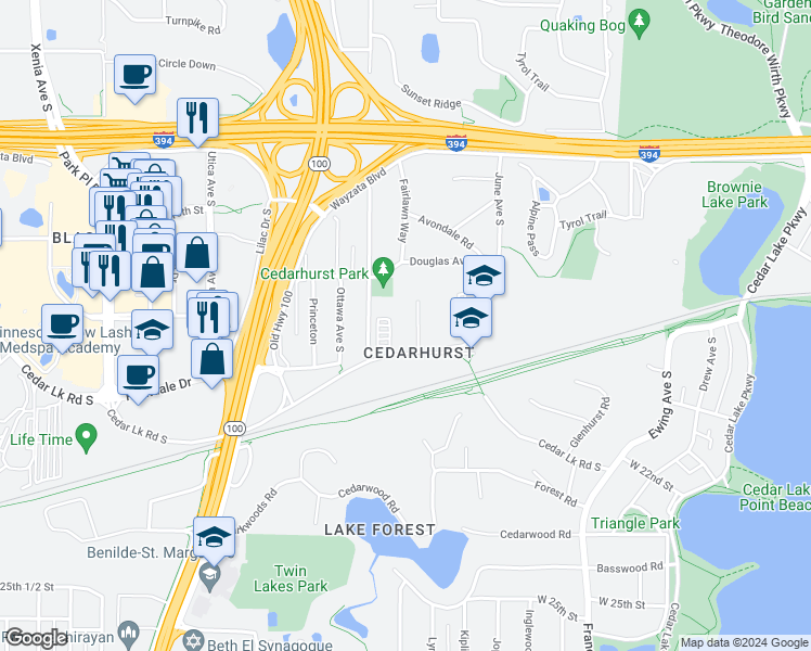 map of restaurants, bars, coffee shops, grocery stores, and more near 4584 Cedar Lake Road in Minneapolis