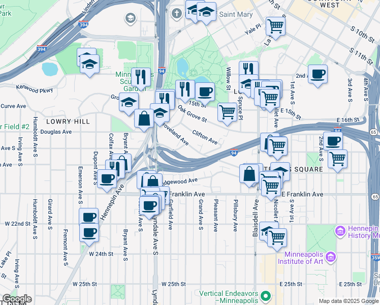 map of restaurants, bars, coffee shops, grocery stores, and more near 349 Groveland Avenue in Minneapolis