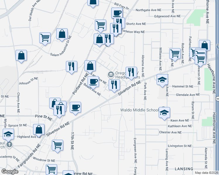 map of restaurants, bars, coffee shops, grocery stores, and more near 1940 Lana Avenue Northeast in Salem