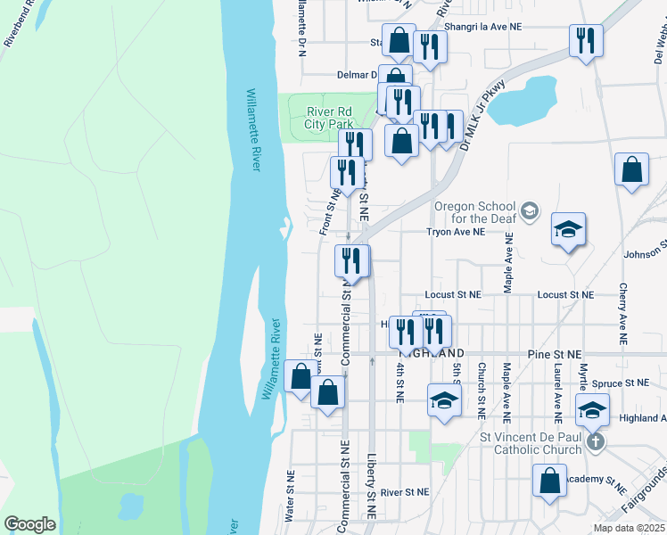 map of restaurants, bars, coffee shops, grocery stores, and more near 2600 Front Street Northeast in Salem